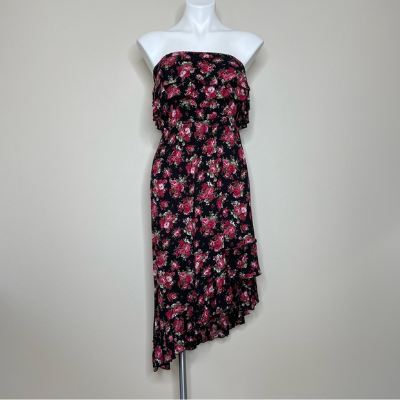 Rue21 Strapless Dress Red Floral Pattern Ruffled Top Edge and Asymmetric Hem - Picture 2 of 6